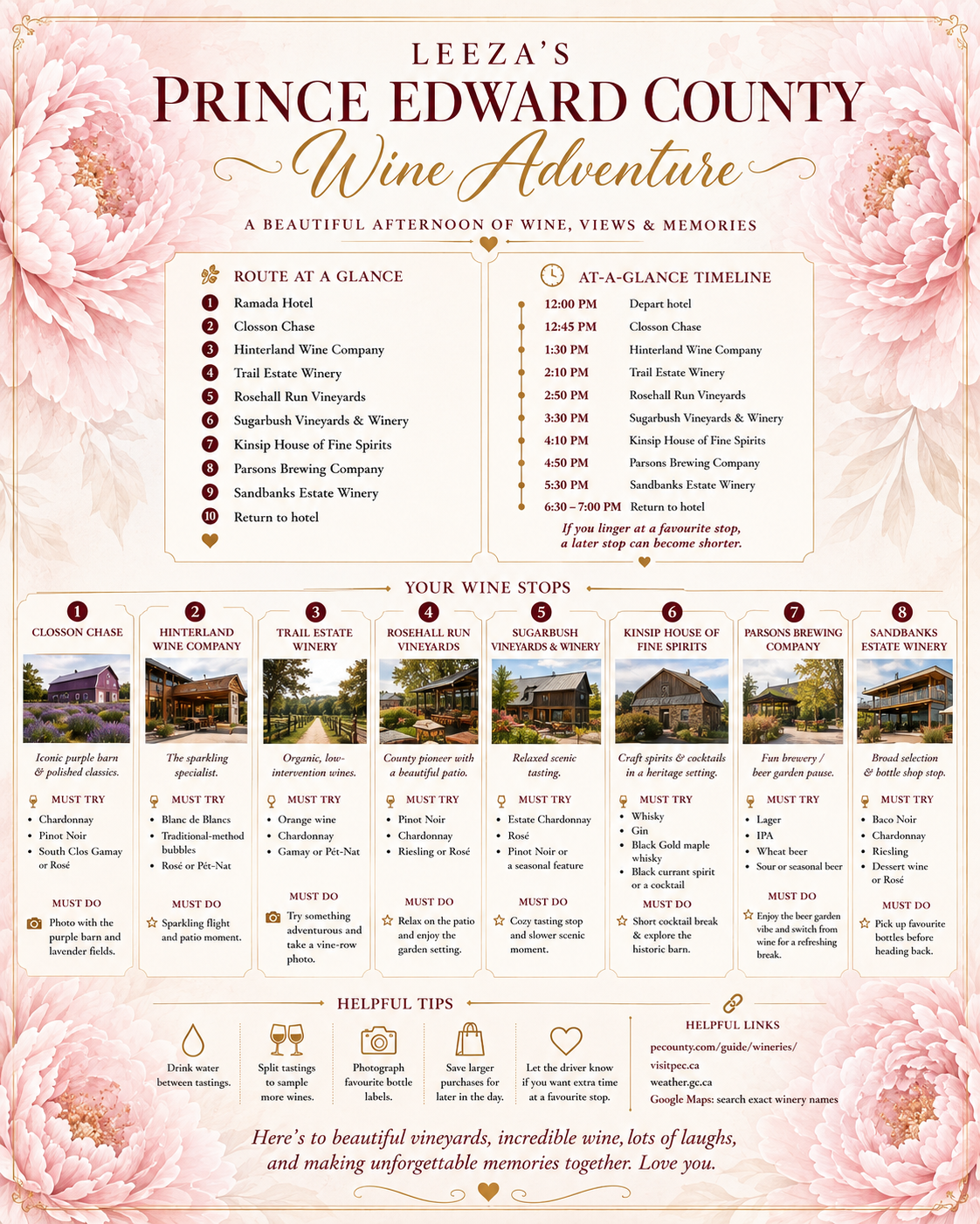 Leeza's Prince Edward County Wine Adventure — guest itinerary